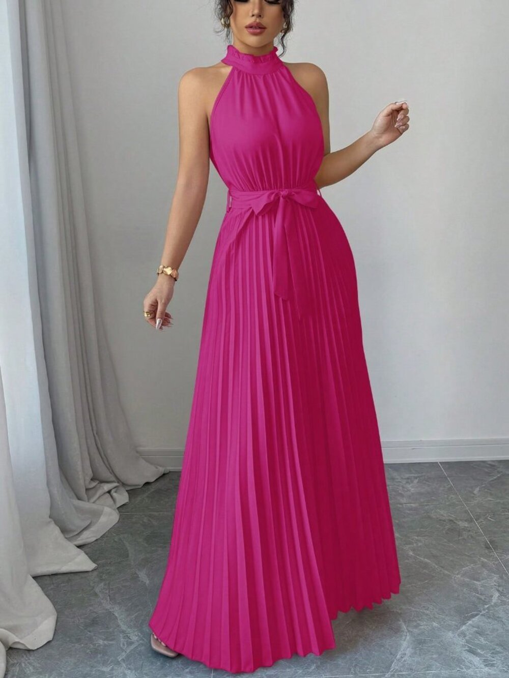 Pink Women's Elegant Romantic Pleated A-Line Dress - Picture 3 of 5